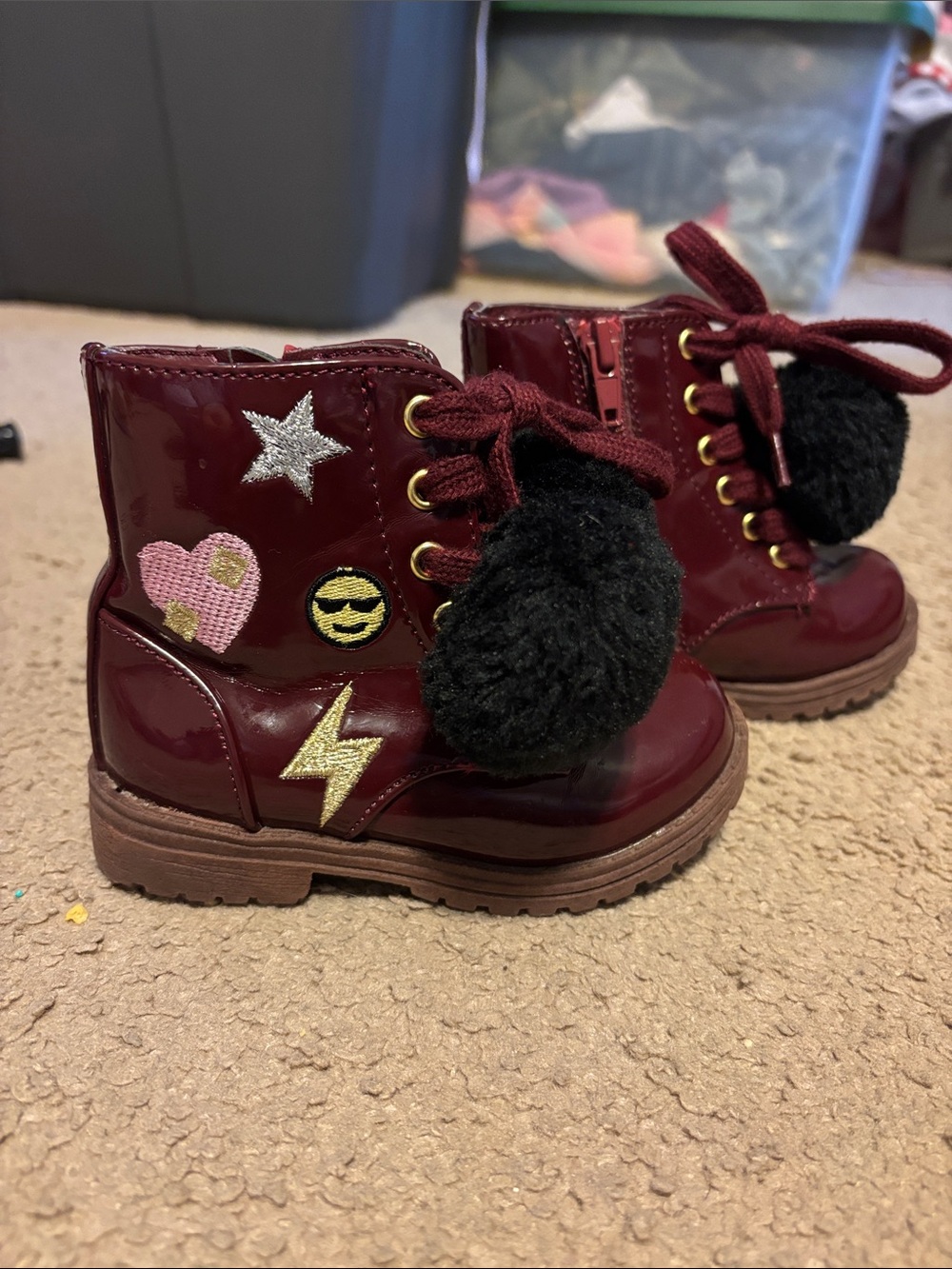 Rampage Burgundy Kids Combat Boots with Black Pom Poms